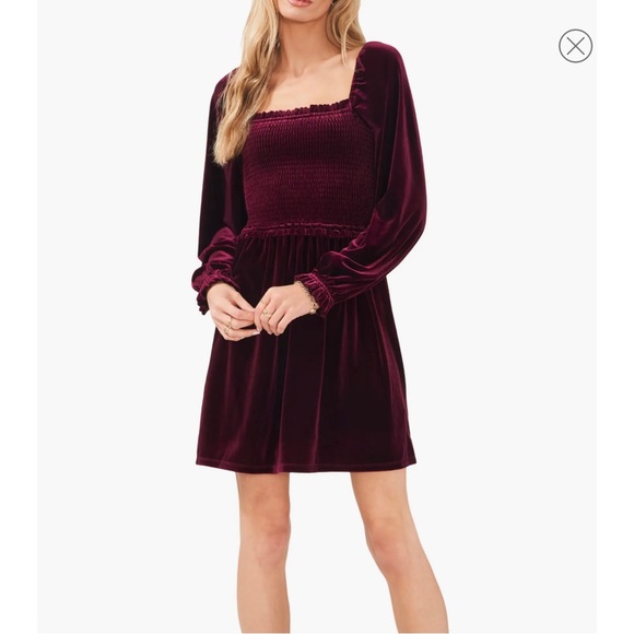 1.State Smocked Bodice Long Sleeve Maroon Velvet Dress - Picture 2 of 6
